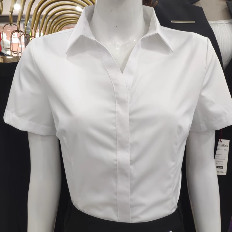 新款竹纤维白衬衫女短袖上衣工作服商务面试V领正装职业长袖衬衣