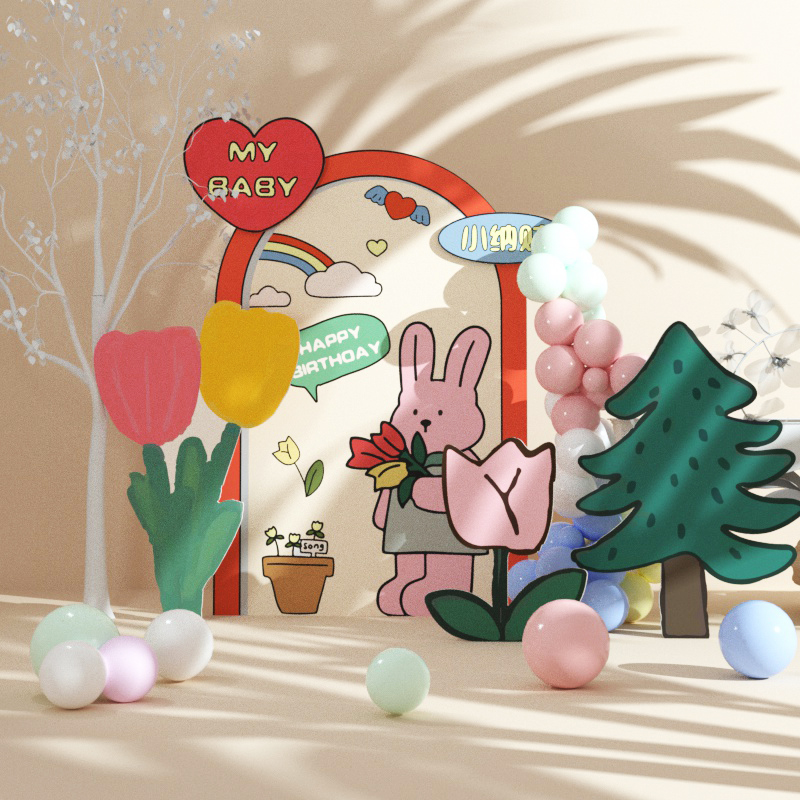 儿童生日布置背景手绘花园宝宝百日宴装饰男女宝宝送气球支架包邮