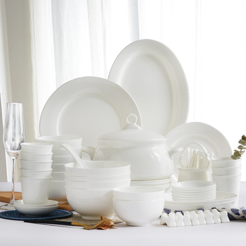 白色骨瓷餐具套装碗盘4人家庭中式盘子碗10人家用纯白餐具微波炉