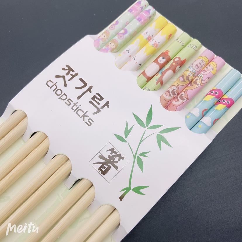 推荐【5双装】中式儿童卡通印花烤漆18厘米幼儿园练习竹筷环保多