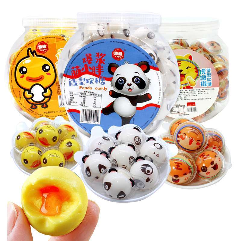 熊猫爆浆软糖卡通造型小黄鸭糖流心眼珠糖儿童糖果网红零食