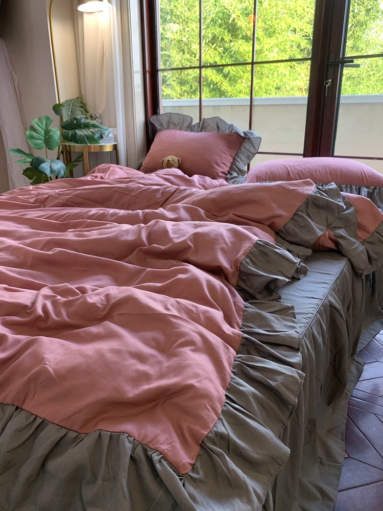 仙气温柔皮粉色四件套水洗棉荷叶花边被套床单少女韩式宿舍三件套