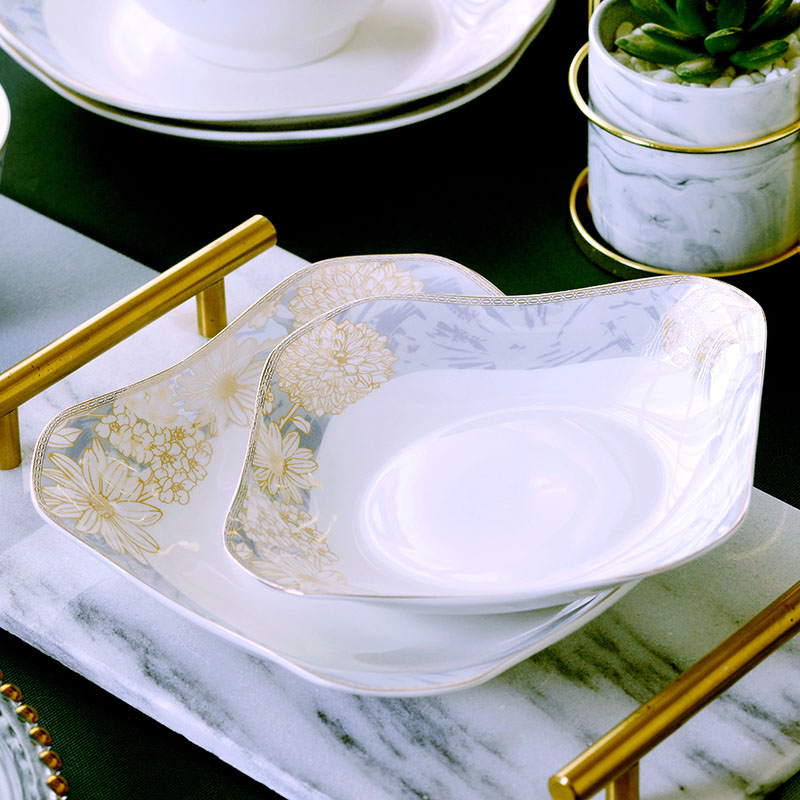 【金边方盘】家用陶瓷饭盘碟子4/6个装菜盘菜碟果盘可微波炉餐具