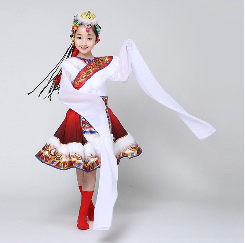 新款水袖长袖藏族舞蹈服装女装演出长裙儿童服饰民族舞台表演藏袍