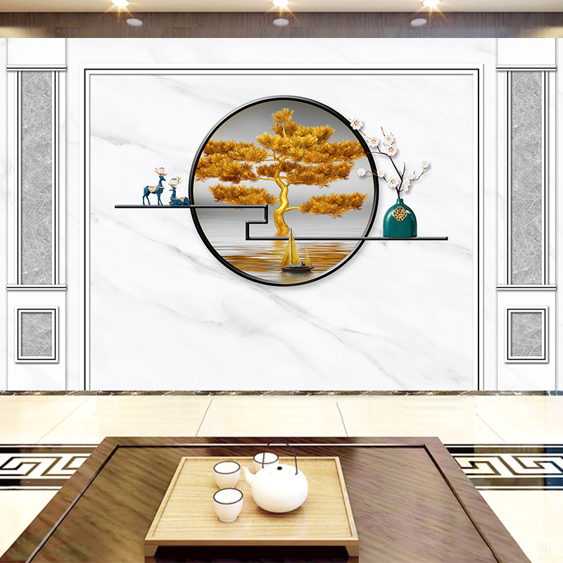 速发新中式8d立体墙壁画金色禅意麋鹿山水客厅装饰画沙发电视背景