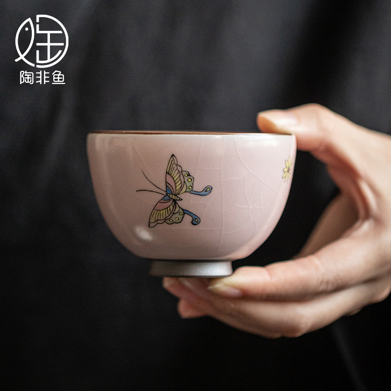陶非鱼汝窑釉上泡茶杯手绘舞蝶主人杯家用手工单个功夫茶具品茗杯