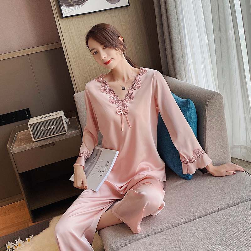 冰丝睡衣纯色女性感套装韩式套头蕾丝睡衣女士长袖丝绸家居服级感