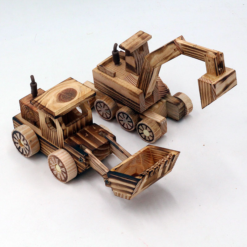 木质模型摆件 儿童消防玩具车 挖土机推土机小孩玩具工艺礼品包邮