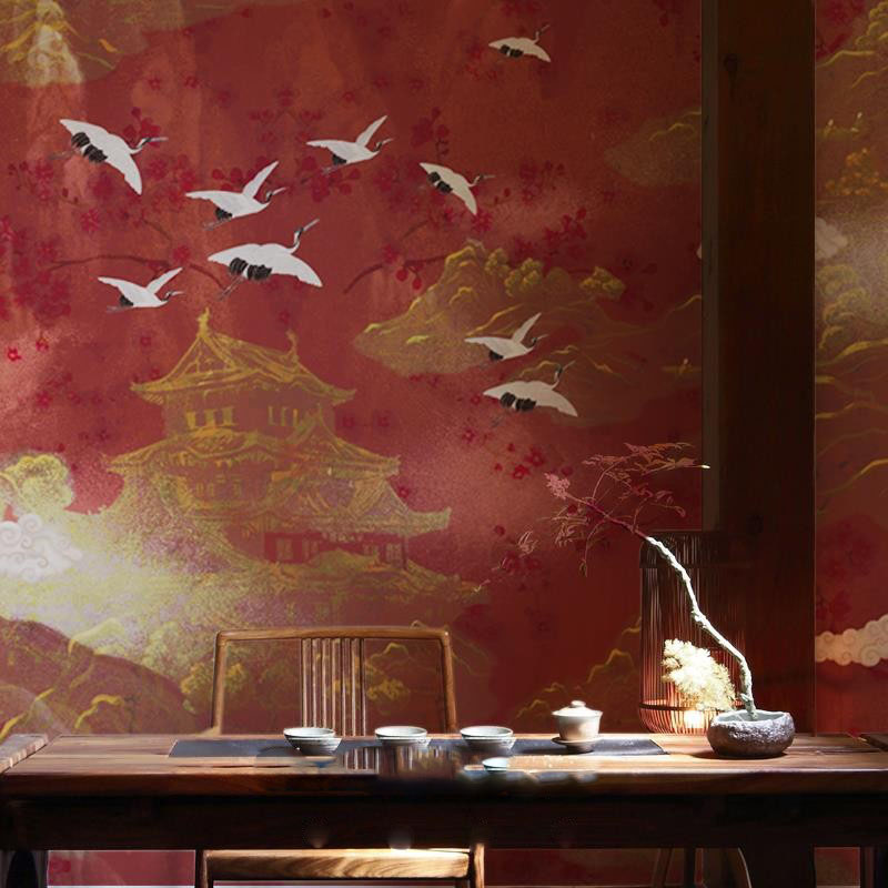 暗红色仙鹤国风壁纸中式墙纸卧室客厅无纺布餐厅拍摄古典民宿墙布