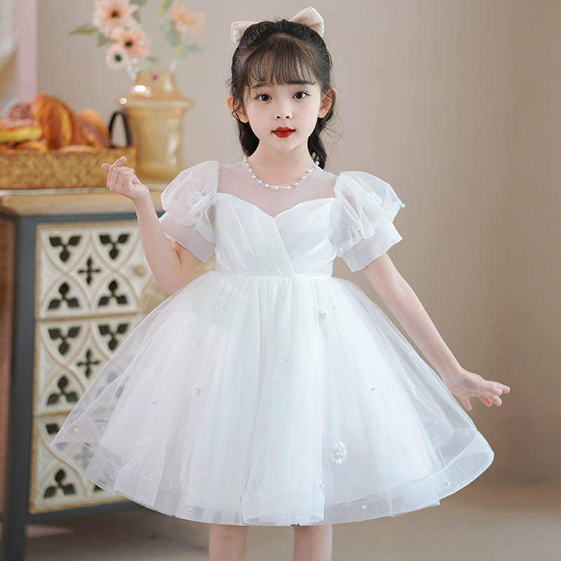 女童2024新款洋气白色礼服公主裙儿童夏季蓬蓬纱裙花童钢琴演出服