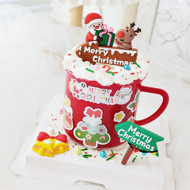 圣诞节杯子蛋糕装饰插件红色茶缸杯老人雪人贴纸烘焙标签不干胶贴
